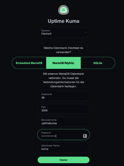Uptime Kuma Setup MariaDB